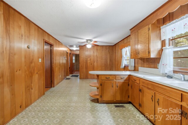 208 Lipe Rd, Troutman, NC 28166 - kitchen featuring light countertops, light floors, wooden walls, brown cabinets, and a sink