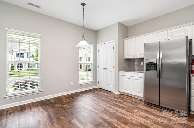6922 Cascade Dream Ct, Huntersville, NC 28078 - kitchen with stainless steel refrigerator with ice dispenser, dark wood-style flooring, baseboards, and plenty of natural light