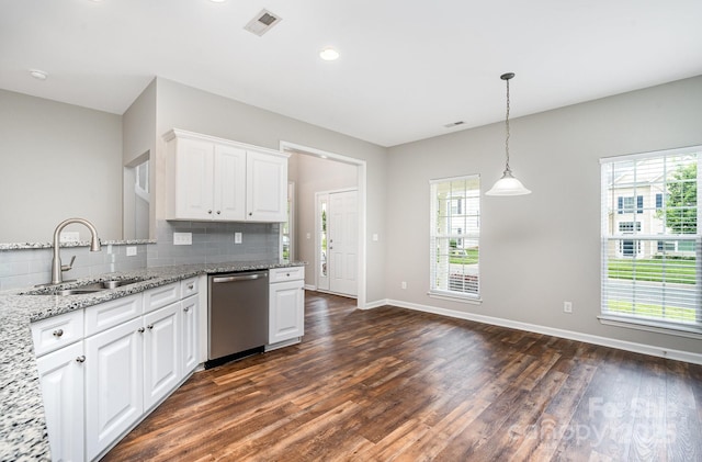 6922 Cascade Dream Ct, Huntersville, NC 28078 - kitchen with dishwasher, a sink, dark wood-type flooring, tasteful backsplash, and plenty of natural light
