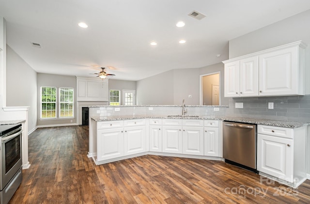 6922 Cascade Dream Ct, Huntersville, NC 28078 - kitchen with appliances with stainless steel finishes, a sink, a peninsula, ceiling fan, and dark wood finished floors