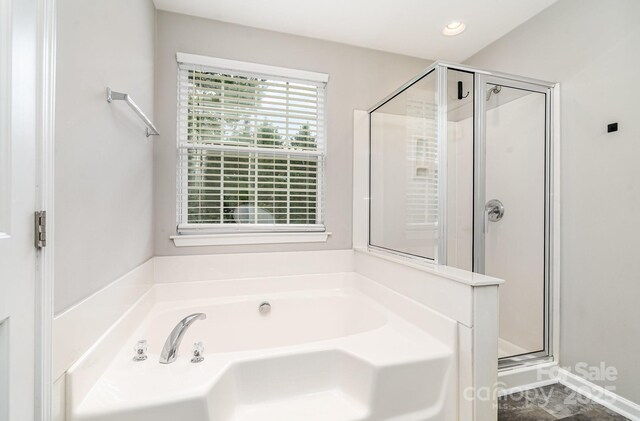 6922 Cascade Dream Ct, Huntersville, NC 28078 - full bathroom featuring a stall shower, a bath, and recessed lighting