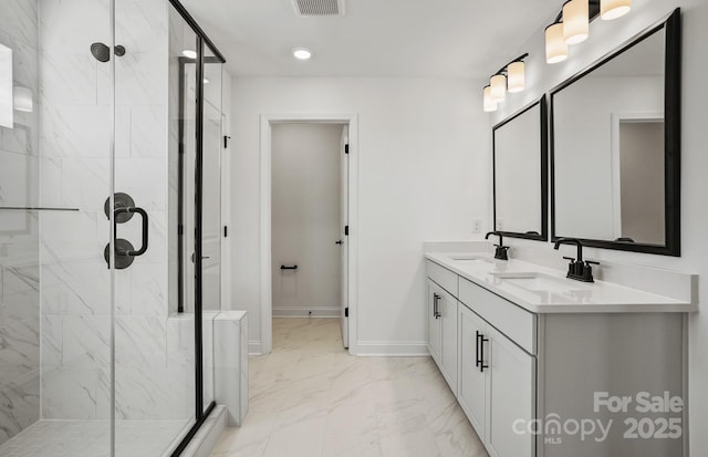 1048 Waxhaw Crossing Dr Unit 261, Waxhaw, NC 28173 - full bath with marble look tiles, a shower stall, baseboards, and recessed lighting