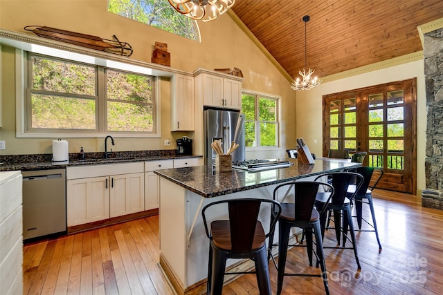 315 Black Bear Xing, Bryson City, NC 28713 - kitchen with a chandelier, a sink, stainless steel appliances, wood ceiling, and high vaulted ceiling
