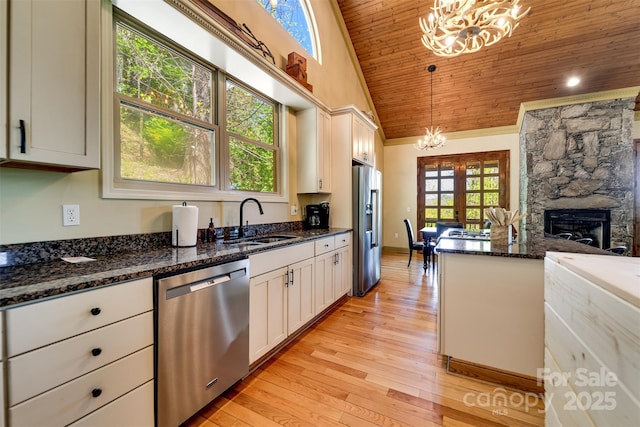315 Black Bear Xing, Bryson City, NC 28713 - kitchen with a chandelier, stainless steel appliances, a sink, light wood-type flooring, and wooden ceiling