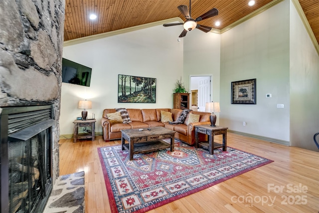 315 Black Bear Xing, Bryson City, NC 28713 - living room with crown molding, wood ceiling, a ceiling fan, a high ceiling, and hardwood / wood-style flooring