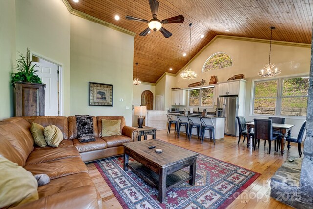 315 Black Bear Xing, Bryson City, NC 28713 - living room with high vaulted ceiling, a chandelier, wood ceiling, a ceiling fan, and light wood-style floors