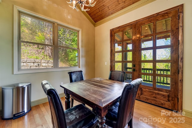 315 Black Bear Xing, Bryson City, NC 28713 - dining area with lofted ceiling, a chandelier, ornamental molding, light wood-type flooring, and wooden ceiling