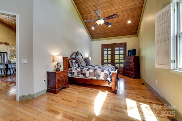315 Black Bear Xing, Bryson City, NC 28713 - bedroom with wood ceiling, high vaulted ceiling, light wood-type flooring, baseboards, and french doors