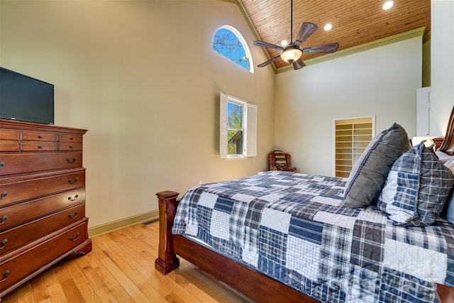 315 Black Bear Xing, Bryson City, NC 28713 - bedroom with wood ceiling, light wood finished floors, high vaulted ceiling, ceiling fan, and recessed lighting
