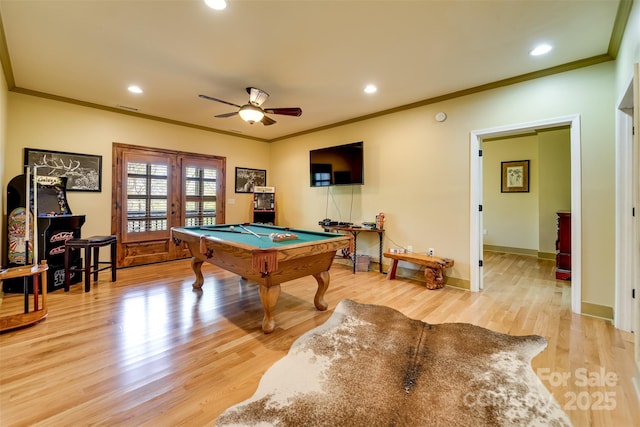 315 Black Bear Xing, Bryson City, NC 28713 - rec room featuring pool table, crown molding, light wood finished floors, ceiling fan, and baseboards