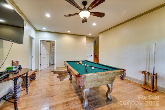 315 Black Bear Xing, Bryson City, NC 28713 - playroom featuring ornamental molding, billiards table, a ceiling fan, light wood finished floors, and recessed lighting