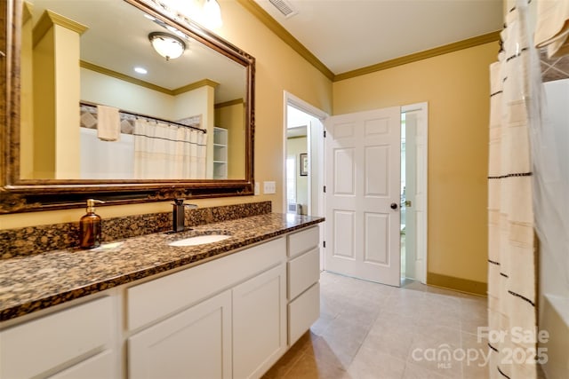 315 Black Bear Xing, Bryson City, NC 28713 - full bathroom with ornamental molding, vanity, tile patterned floors, and a shower with shower curtain