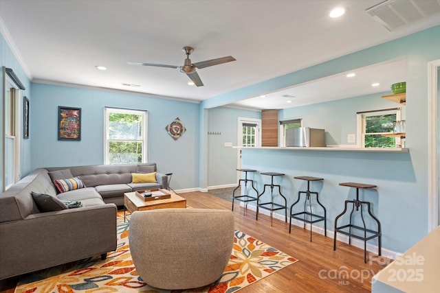 194 Mark Twain Dr, Lake Lure, NC 28743 - living area featuring ornamental molding, wood finished floors, baseboards, ceiling fan, and recessed lighting