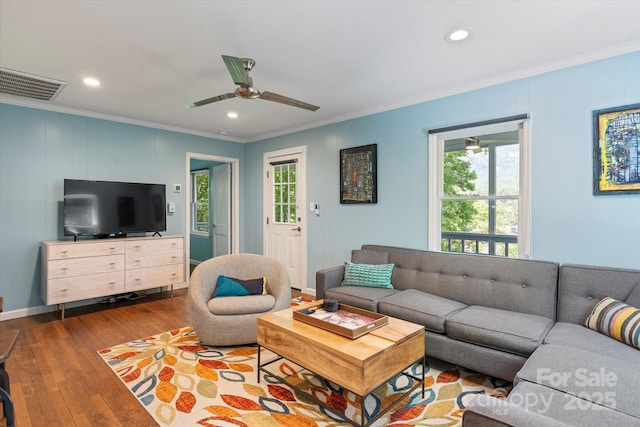 194 Mark Twain Dr, Lake Lure, NC 28743 - living room with ornamental molding, plenty of natural light, dark wood-style floors, ceiling fan, and recessed lighting