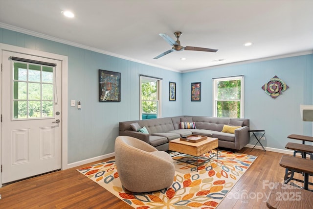 194 Mark Twain Dr, Lake Lure, NC 28743 - living area featuring ornamental molding, wood finished floors, baseboards, a ceiling fan, and recessed lighting