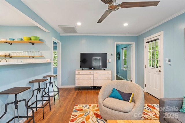 194 Mark Twain Dr, Lake Lure, NC 28743 - living room with ornamental molding, wood finished floors, recessed lighting, ceiling fan, and baseboards