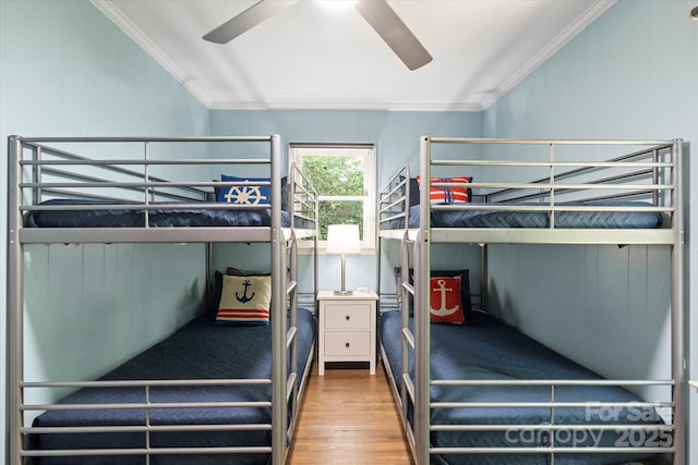 194 Mark Twain Dr, Lake Lure, NC 28743 - bedroom featuring crown molding, wood finished floors, and a ceiling fan