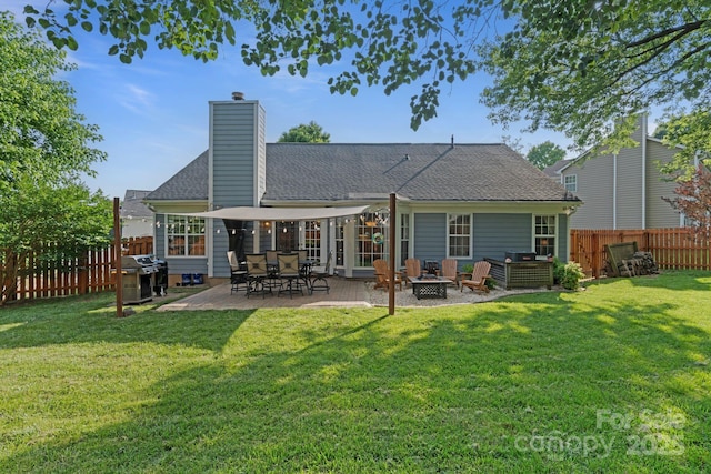 1310 Bellhook Pl NW, Concord, NC 28027 - back of house with an outdoor fire pit, a patio area, a chimney, and a shingled roof