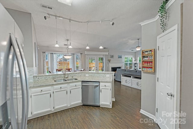 1310 Bellhook Pl NW, Concord, NC 28027 - kitchen featuring appliances with stainless steel finishes, a sink, ceiling fan, dark wood-type flooring, and track lighting