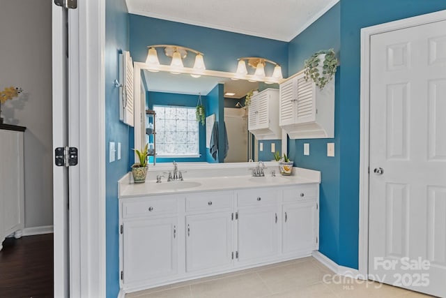 1310 Bellhook Pl NW, Concord, NC 28027 - bathroom with double vanity, baseboards, a shower, and ornamental molding