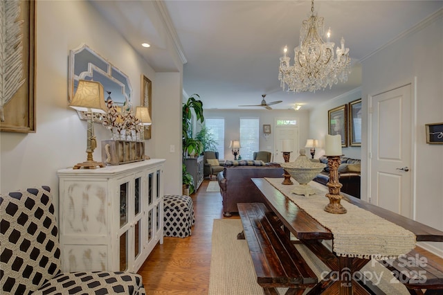 1225 Assembly St, Belmont, NC 28012 - dining room with wood finished floors, a chandelier, crown molding, ceiling fan, and recessed lighting