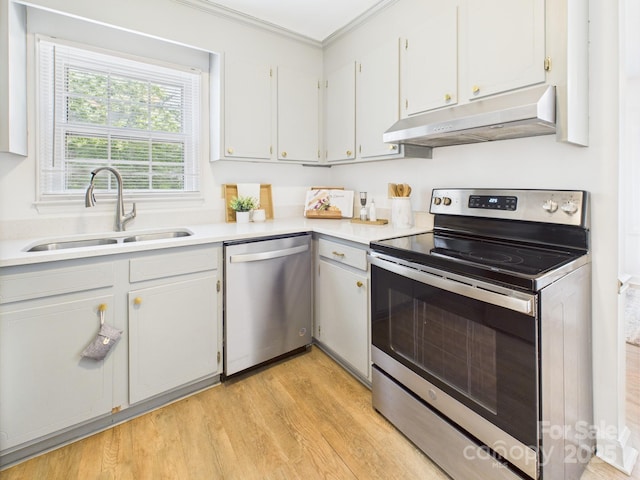 4905 Chestnut Lake Dr, Charlotte, NC 28227 - kitchen featuring appliances with stainless steel finishes, a sink, under cabinet range hood, light wood-style floors, and ornamental molding