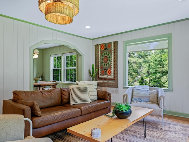 90 W Skyland Cir Unit 1, Asheville, NC 28804 - living room with wood finished floors, arched walkways, and baseboards