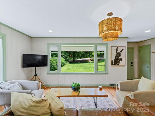 90 W Skyland Cir Unit 1, Asheville, NC 28804 - living area with wood finished floors, ornamental molding, baseboards, wooden walls, and recessed lighting