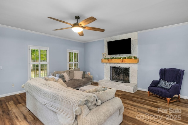 5317 Black Oak Ln Unit 11, Waxhaw, NC 28173 - living area with ornamental molding, a fireplace, ceiling fan, wood finished floors, and baseboards