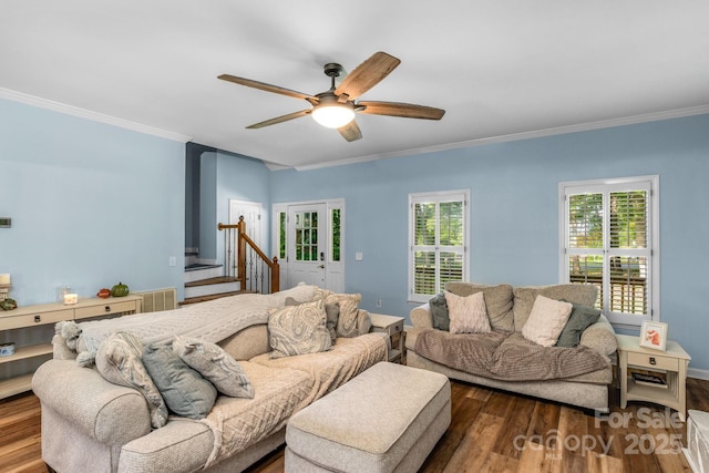 5317 Black Oak Ln Unit 11, Waxhaw, NC 28173 - living area featuring ornamental molding, wood finished floors, ceiling fan, and stairs