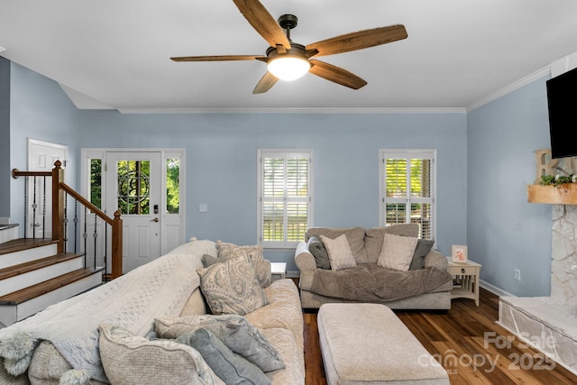 5317 Black Oak Ln Unit 11, Waxhaw, NC 28173 - living room with wood finished floors, a ceiling fan, crown molding, stairway, and baseboards