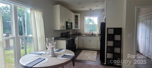 132 Connestee Rd, Brevard, NC 28712 - kitchen featuring black appliances, a sink, pendant lighting, glass insert cabinets, and white cabinets