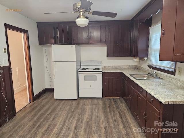 4520 Bradbury Dr, Charlotte, NC 28209 - kitchen with white appliances, a sink, dark wood-style floors, ceiling fan, and dark brown cabinetry