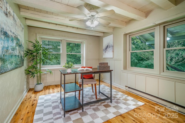 15 Wilson Way, Flat Rock, NC 28731 - dining area with a baseboard radiator, light wood finished floors, a wood ceiling with exposed beams, and ceiling fan