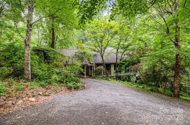 1102 Lake Montonia Rd, Kings Mountain, NC 28086 - view of front of home with roof with shingles, a forest view, and gravel driveway