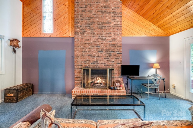 1102 Lake Montonia Rd, Kings Mountain, NC 28086 - carpeted living room featuring high vaulted ceiling, wooden ceiling, healthy amount of natural light, baseboards, and a fireplace