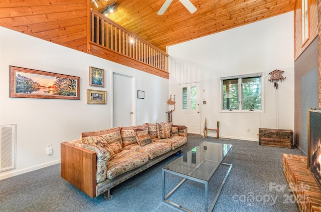 1102 Lake Montonia Rd, Kings Mountain, NC 28086 - carpeted living room featuring high vaulted ceiling, wood ceiling, ceiling fan, and baseboards