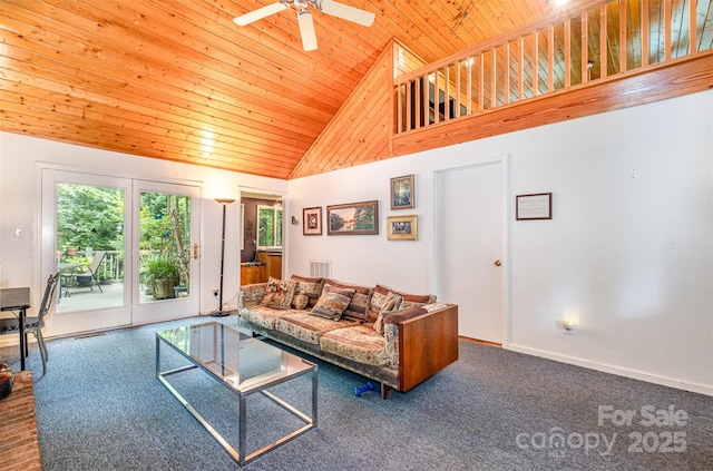 1102 Lake Montonia Rd, Kings Mountain, NC 28086 - carpeted living room with wooden ceiling, ceiling fan, and high vaulted ceiling