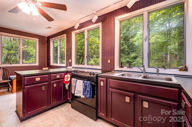 1102 Lake Montonia Rd, Kings Mountain, NC 28086 - kitchen with black / electric stove, dark countertops, a sink, a ceiling fan, and a peninsula