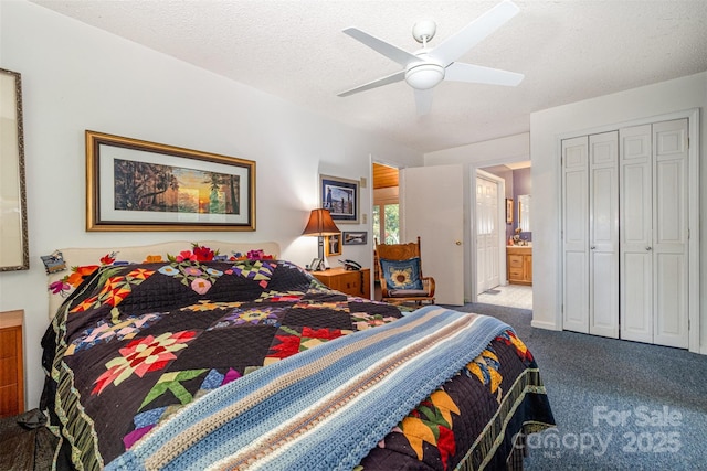 1102 Lake Montonia Rd, Kings Mountain, NC 28086 - carpeted bedroom featuring connected bathroom, ceiling fan, a closet, and a textured ceiling