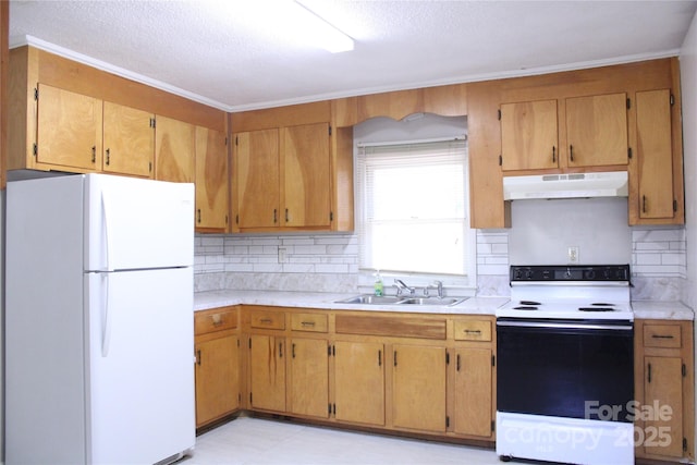606 E 4th Ave, Gastonia, NC 28054 - kitchen featuring freestanding refrigerator, electric stove, under cabinet range hood, backsplash, and a textured ceiling