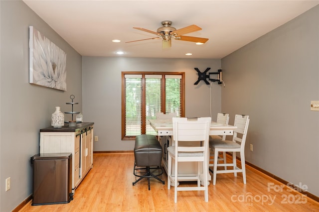 1565 Earnhardt Rd, Salisbury, NC 28146 - dining area featuring a ceiling fan, baseboards, recessed lighting, and light wood-type flooring