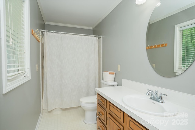 1565 Earnhardt Rd, Salisbury, NC 28146 - full bathroom featuring vanity, toilet, a shower with curtain, ornamental molding, and tile patterned flooring