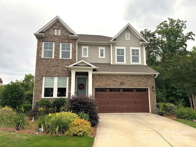 1124 Greenbridge Dr, Matthews, NC 28105 - view of front facade with an attached garage, brick siding, driveway, and a shingled roof
