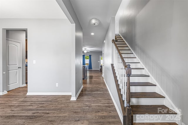 3053 Riker St, Clover, SC 29710 - staircase featuring wood finished floors, baseboards, recessed lighting, and a ceiling fan