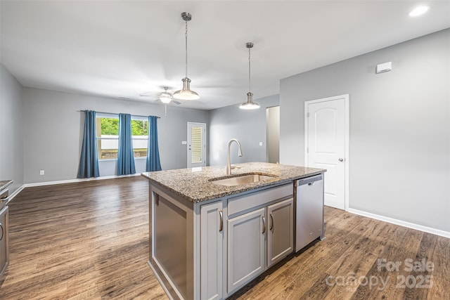 3053 Riker St, Clover, SC 29710 - kitchen featuring a sink, stainless steel dishwasher, gray cabinetry, a ceiling fan, and open floor plan