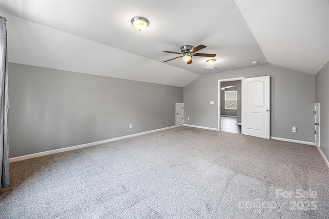 3053 Riker St, Clover, SC 29710 - additional living space with a ceiling fan, vaulted ceiling, carpet floors, and baseboards