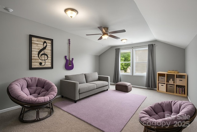 3053 Riker St, Clover, SC 29710 - living area featuring carpet floors, a ceiling fan, vaulted ceiling, and baseboards