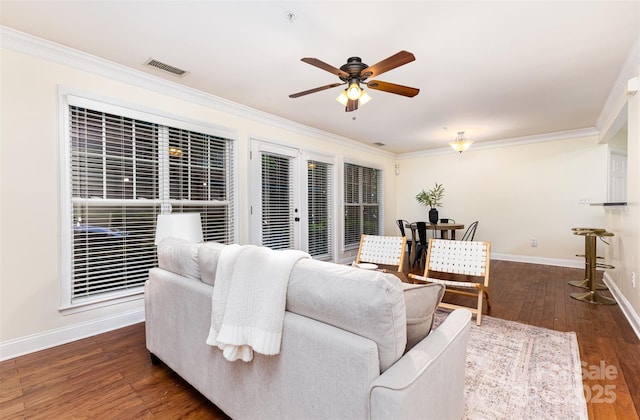 1136 W 1st St, Charlotte, NC 28202 - living room featuring ceiling fan, baseboards, ornamental molding, wood finished floors, and french doors