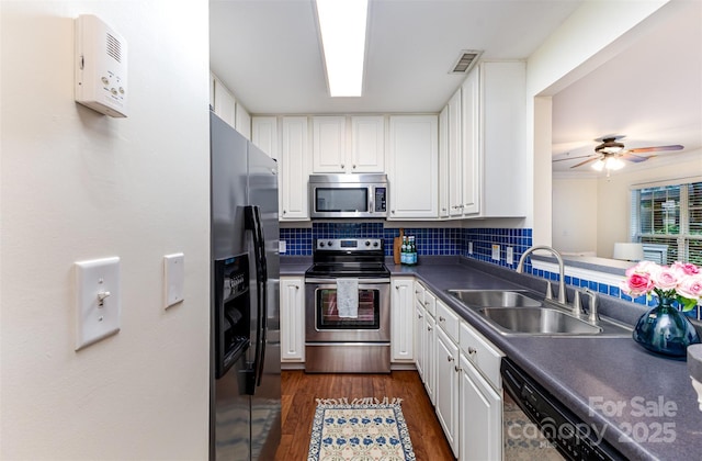 1136 W 1st St, Charlotte, NC 28202 - kitchen with appliances with stainless steel finishes, a sink, white cabinets, and decorative backsplash